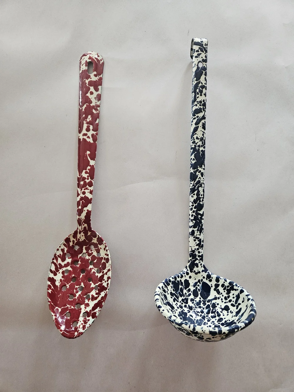 Red and Blue Speckled Enamel Serving Spoons - Set of 2
